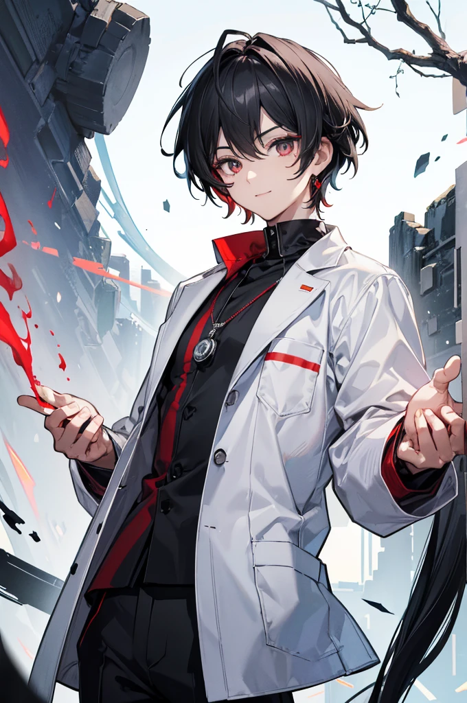 Highest quality, 16K, masterpiece :1.3 Ultra-high resolution No abnormalities in detail Detailed face boy Male neutral cool Small stature Black hair that reaches down to the eyes Black and red odd eyes Detailed Eyes Wearing a doctor's lab coat Black shirt A red jewel necklace around the neck Looking at me A relaxed smile Detailed face No background Burning sleeves of a white coat Soft Eyes Cool vibe Black trousers Tree Eyes Occupation: Doctor whole body low length