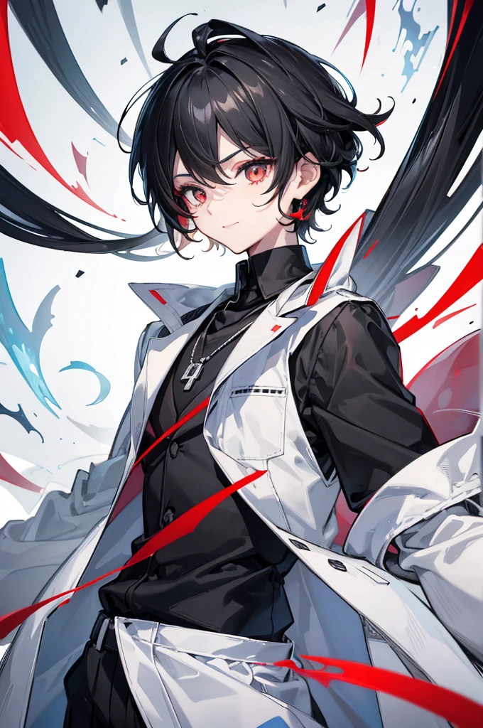 Highest quality, 16K, masterpiece :1.3 Ultra-high resolution No abnormalities in detail Detailed face boy Male neutral cool Small stature Black hair that reaches down to the eyes Black and red odd eyes Detailed Eyes Wearing a doctor's lab coat Black shirt A red jewel necklace around the neck Looking at me A relaxed smile Detailed face No background Burning sleeves of a white coat Soft Eyes Cool vibe Black trousers Tree Eyes Occupation: Doctor whole body low length