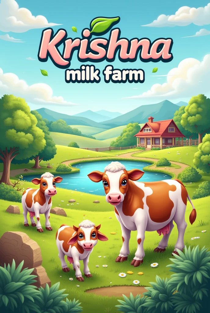 Pamphlets for krishna milk farm business  with milk bottle and happy cow's with benefits of cow milk and some complements of our dairy farm.