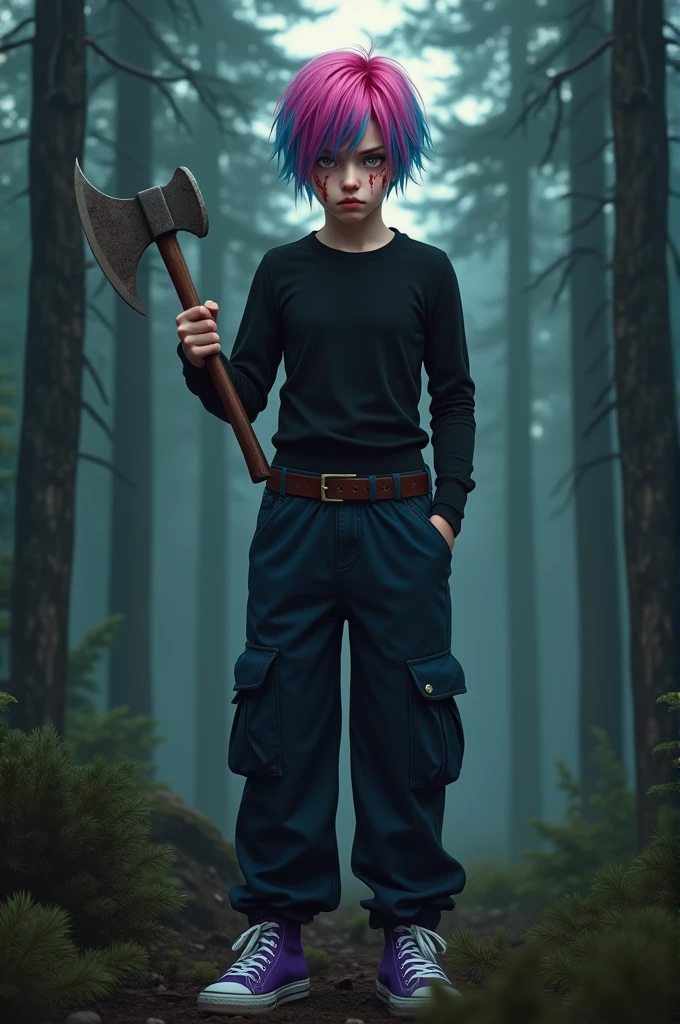 Create an image of a effeminate male with short hair with two pink and blue streaks, one eye is brown and the other is white. He is in the pine forest holding an axe. He wears a tight black short-sleeved blouse and black wide-leg pants with side pockets and purple ALL Stars.. His expression is serious and tired and his face is slightly stained with blood..