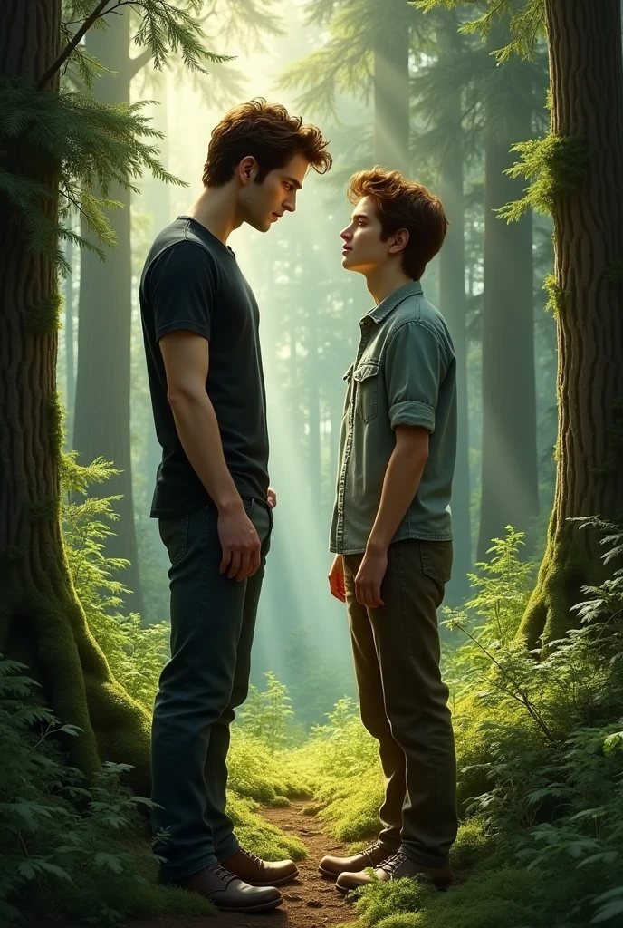 (Photorealism:1.2), Edward Cullen looks fondly at Mike Newton amidst the Forks Forest. 