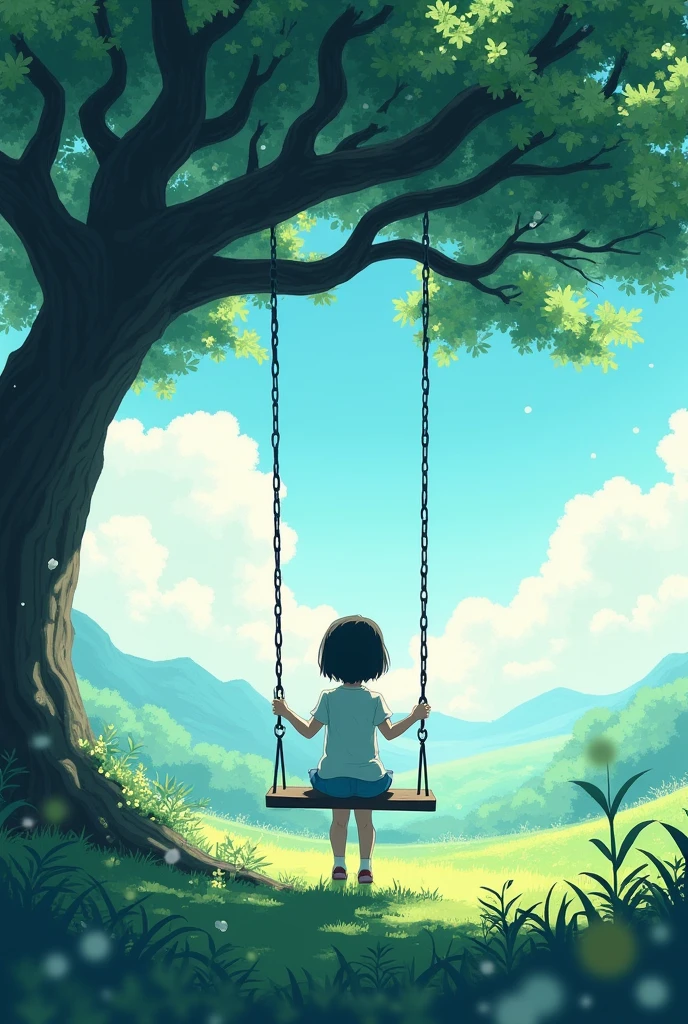 anime landscape of a girl short hair on a swing on a tree, backside not see face only see hair anime nature wallpaper, beautiful anime scene, anime beautiful peace scene, makoto shinkai cyril rolando, beautiful anime scenery, amazing wallpaper, anime art wallpaper 8k, animated background, animated background art, 4k anime wallpaper, anime art wallpaper 4k, anime art wallpaper 4k, swing on a tree