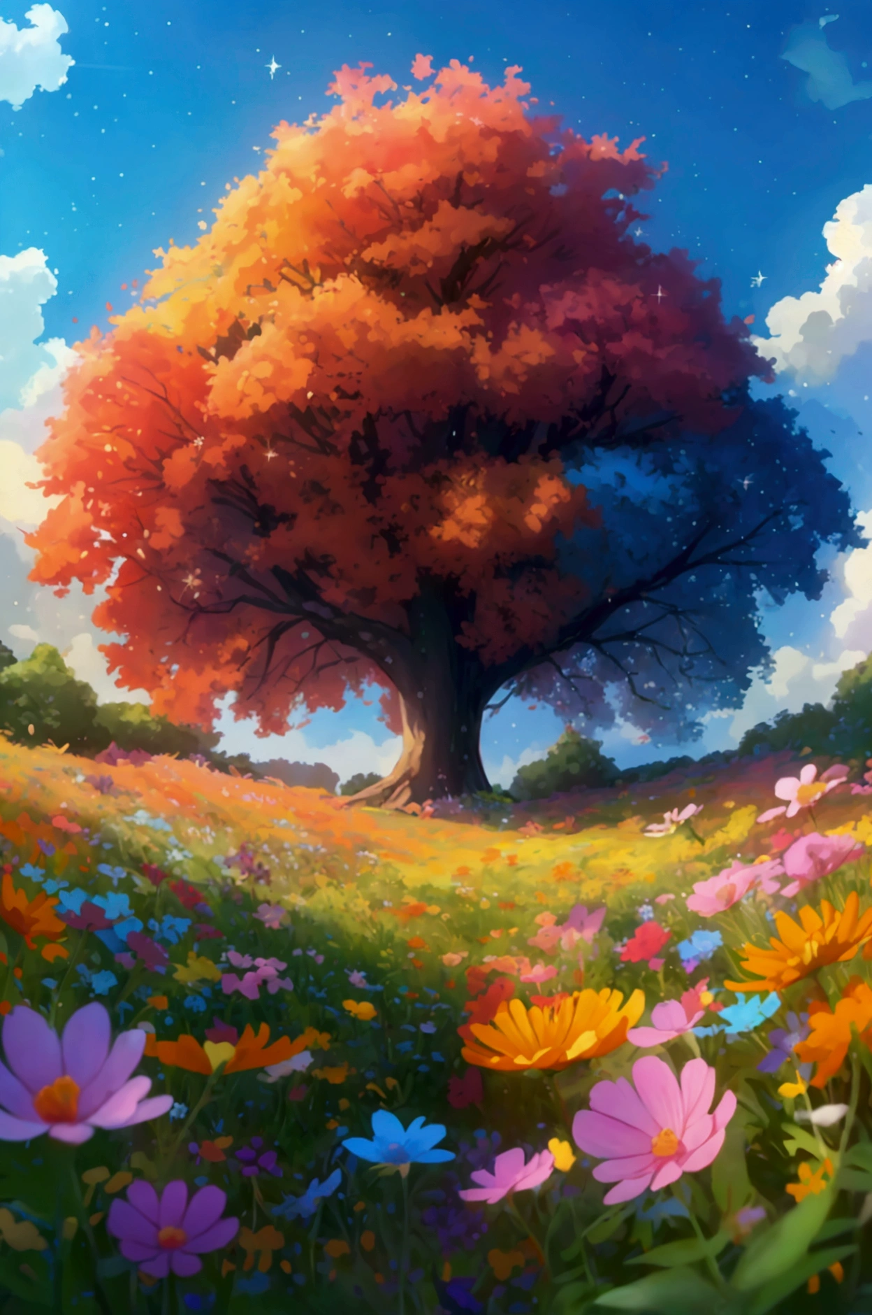 Viral anime nature wallpaper in 4K quality, in the style of Pixar 3D inspired by Toy Story, showcasing a lush meadow filled with colorful wildflowers, a clear blue sky with fluffy clouds, and a single majestic tree standing in the middle; bright and cheerful color temperature, cosmos lighting with stars twinkling in the sky, no human characters, the atmosphere is whimsical and joyful