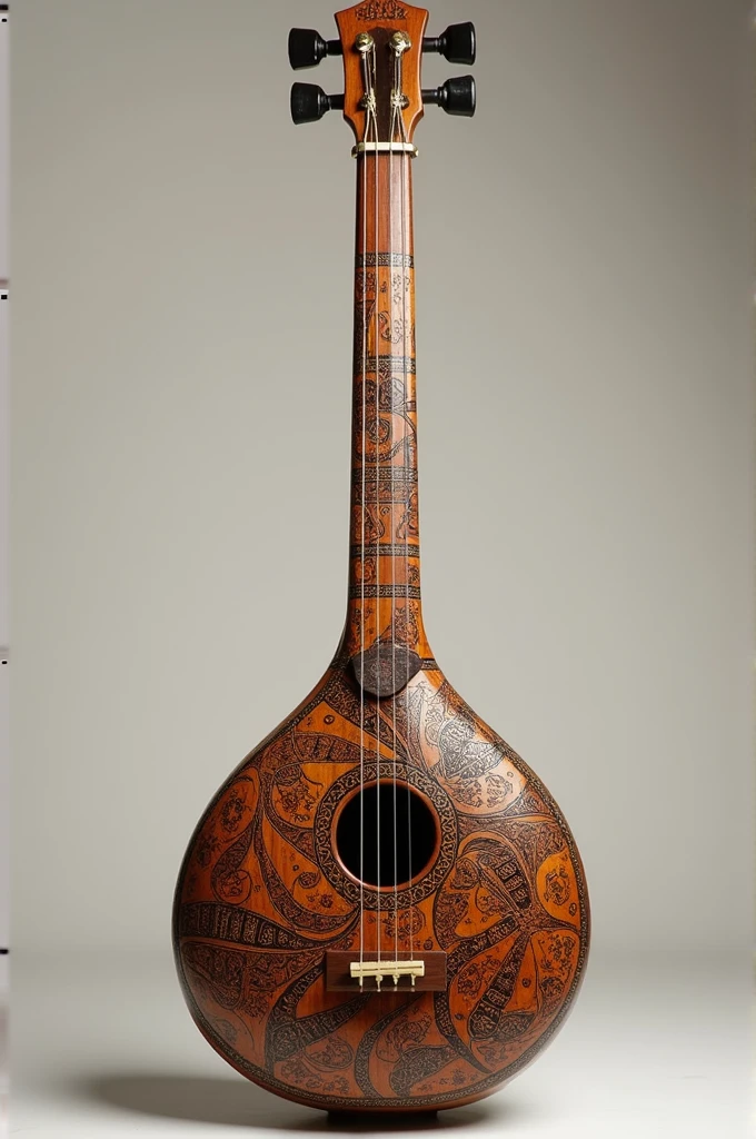 Image of an Indian sitar with African design engraved on it