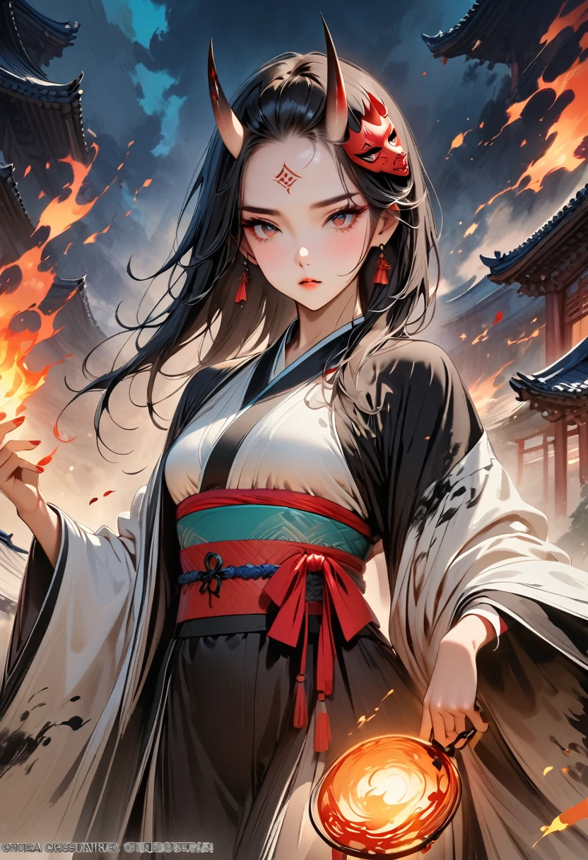 (Masterpiece, Top quality, Best quality, Official art, Beautiful and aesthetic:1.2), Ink painting, (((Very detailed forehead tattoo))), (((Wearing Anbu fox mask)))A tempting devil,1 girl, wearing a kimono, (2 small oni horns:1.6), fire around her, Glowing body, Colorful, Top detailed, Cold light, Tattoo