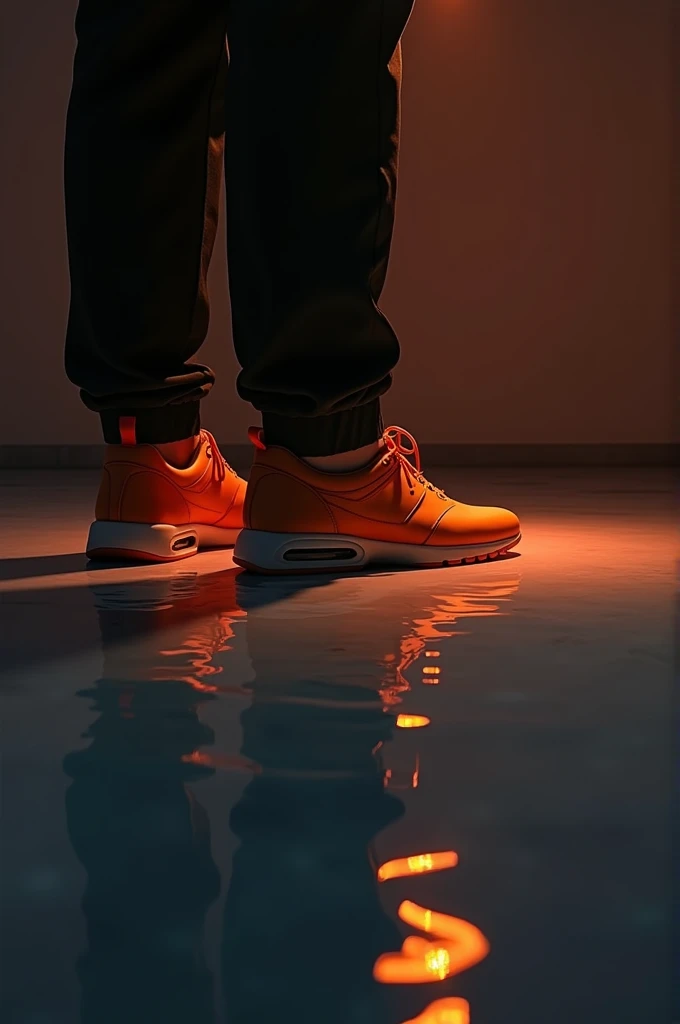 a amn sir on tha floor and relflect his image on the floor background should be dark below tha shoes orange color light shine line disko over all senario realism