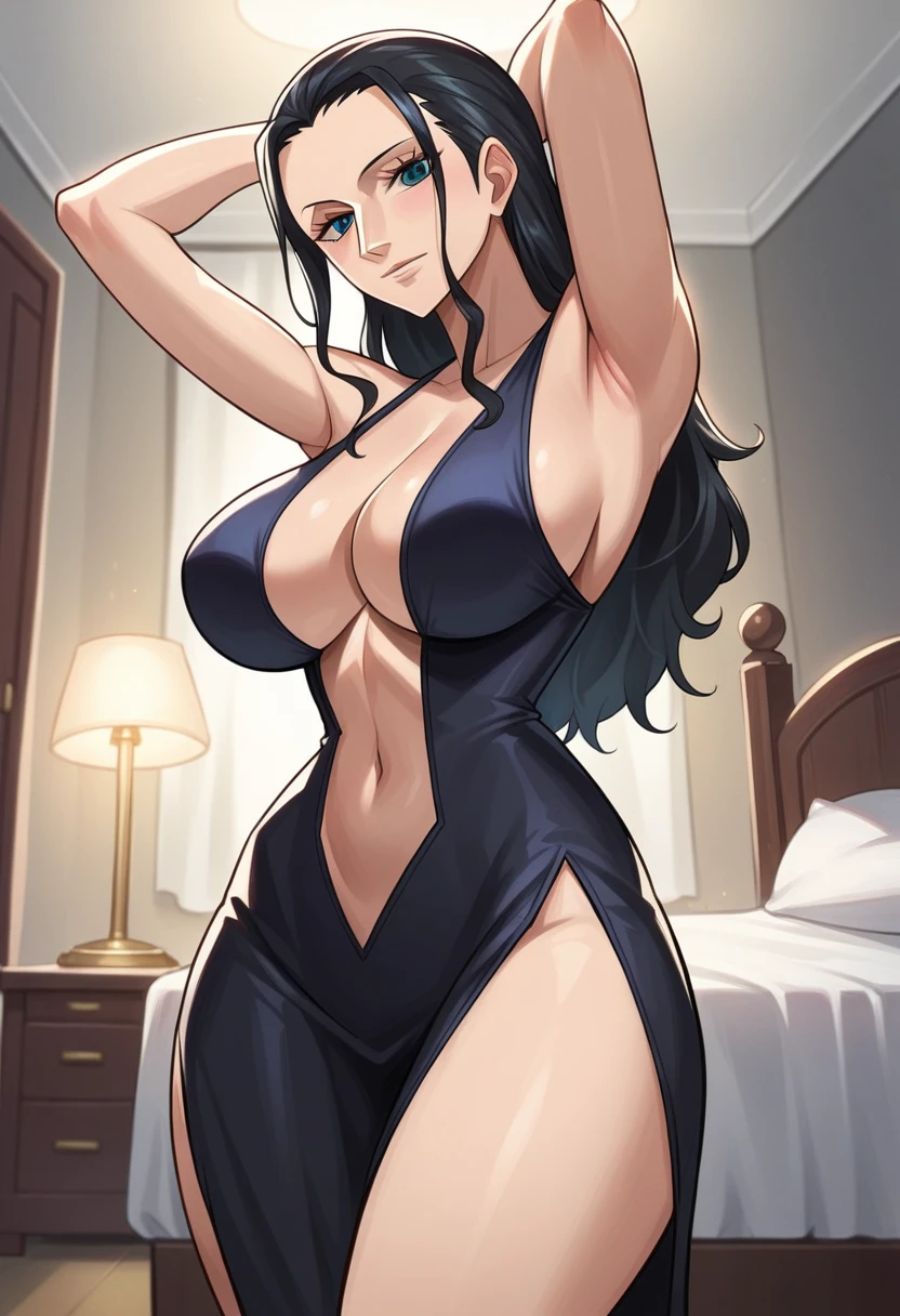 score_7_up, score_6_up, best quality, source_anime, Nico Robin, black hair, big breasts, standing, bedroom, from front, body dress, black clothes, looking at viewer, navel, sexy, dynamic angle, squat, Put your arms behind your head