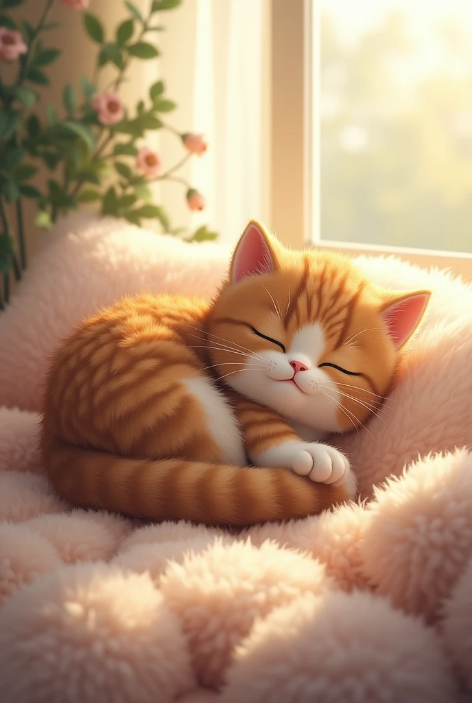 A fluffy cat is sleeping.
