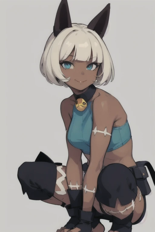 (masterpiece, best quality:1.2), solo, 1girl, sgmsfortune, dark skin, dark-skinned female, smile, looking at viewer, squatting, bob cut, crop top, fingerless gloves, collar, bell, belt, pouch, cat tail 