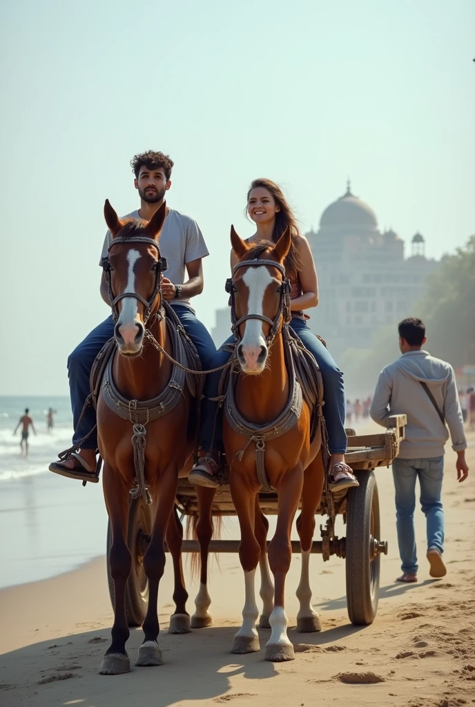 A boy age 27 south India from andhrapradesh wear jeans and t-shirt dusky skin and there was a girl age 25 north India from mumbai looks very modern she wears western dress looks very beautiful and active. Both are travelling in tanga horse cart handling a horse rider at marine beach drive in front of taj hotel.