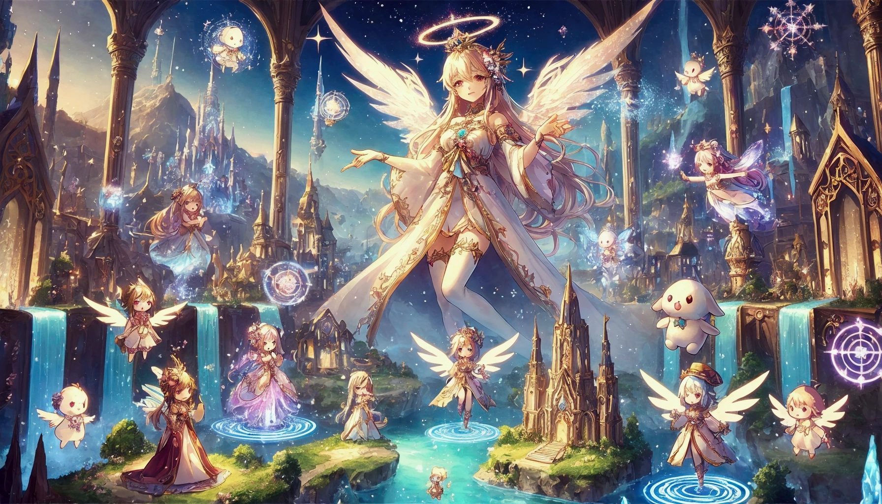 An anime-style artwork of a fairy princess surrounded by fairy figurines., Anime fantasy illustration, 2. 5 d cgi Anime fantasy artwork, Anime fantasy artwork, Beautiful fantasy anime, Fantastic fantasy, Fantasy art style, Anime Goddess, Magical fantasy 2D concept art, Shadowverse Style, Angelic purity, Angel Knight Girl, Star Fairy, Beautifully detailed fantasy, Beautiful fantasy art