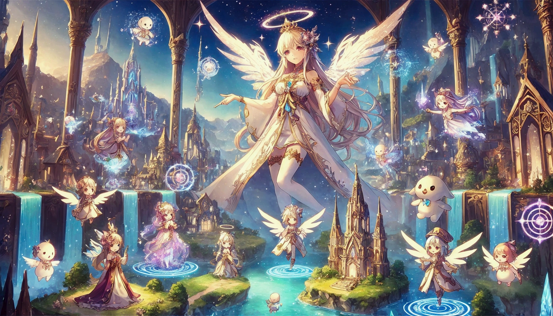 An anime-style artwork of a fairy princess surrounded by fairy figurines., Anime fantasy illustration, 2. 5 d cgi Anime fantasy artwork, Anime fantasy artwork, Beautiful fantasy anime, Fantastic fantasy, Fantasy art style, Anime Goddess, Magical fantasy 2D concept art, Shadowverse Style, Angelic purity, Angel Knight Girl, Star Fairy, Beautifully detailed fantasy, Beautiful fantasy art