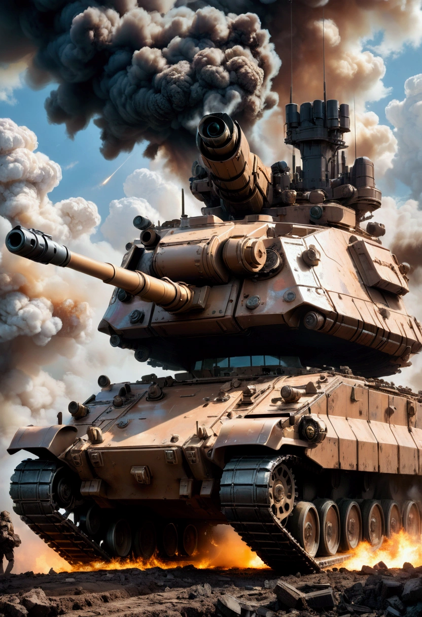 Armored Tank, a heavily armored battle tank, futuristic military vehicle, intricate mechanical details, gleaming metallic surface, imposing silhouette, treads tearing through the earth, advanced targeting systems, powerful cannon, clouds of smoke and debris, gritty war-torn environment, cinematic dramatic lighting, muted color palette, 8k, masterpiece, best quality, very aesthetic, absurdres