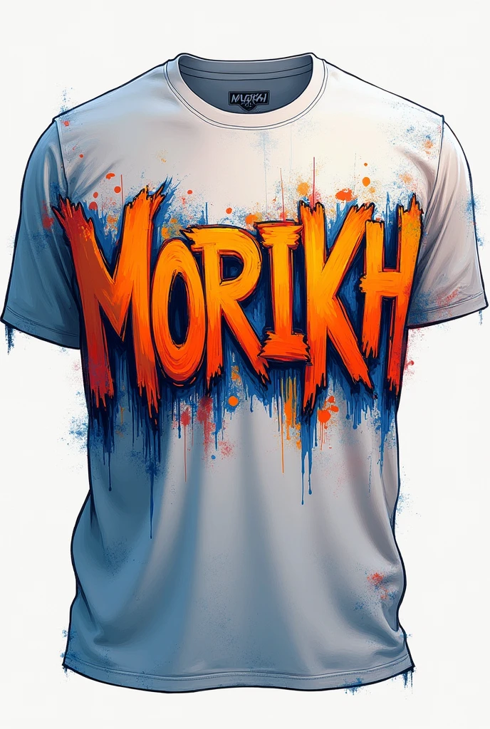 Word MORIKH written with painting on a with T shirt.