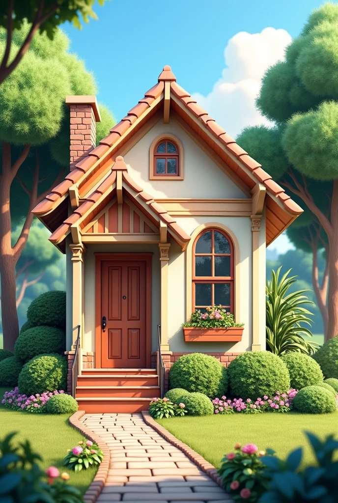 Small house design ideas, compact, cute, well-designed and decorated. The exterior features a landscaped area, trees, and a beautiful walkway.