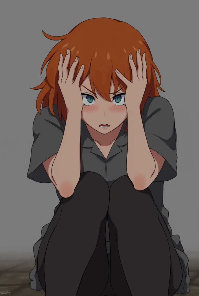 Nami sits with her two hands over her head.