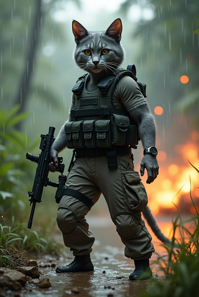 8k, Realistic Photo、Realistic Skin Texture、Superrealism、Gray cat human-like body in Special Forces aizil ai、jungle、、gun、、Hold your weapon and be alert、Tension、Sense of urgency、after the rain、Bulletproof vest、Watch on left arm、 Sticks to the skin when wetＴshirt、Military Pants、forest,humidity、Dynamic poses、Impact、explosions、Nearby bombings、Grass and mud flying with the smoke of the explosion.、Under attack，Counterattack begins、Deadly Fight