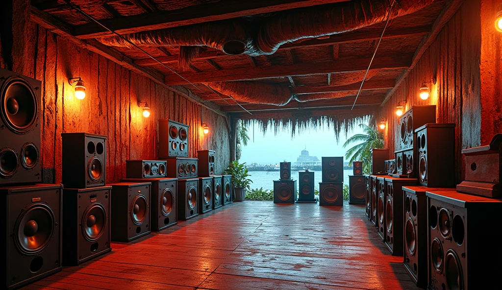 A reggae music room with 6 large, 4 medium and 3 small rows of speakers, 3 tiers high, placed at a fishing port