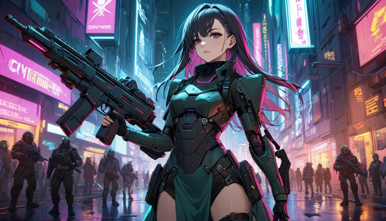 Young woman in a dress holding a gun, Cyberpunk Armor, cyberpunk costumes, cyberpunk soldier, Complex killing robot armor, cyberpunk costumes, ornate Cyberpunk Armor