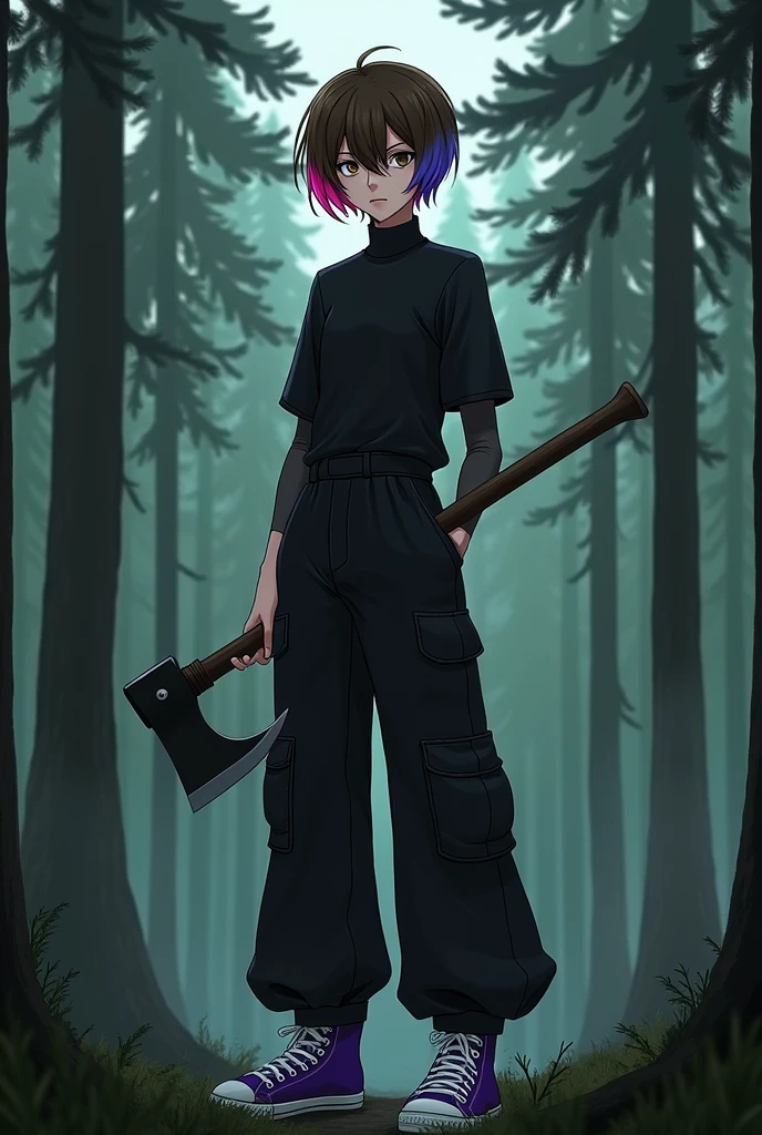 Create an image of a 15 year old effeminate male with short brown hair with two pink and blue streaks, one eye is brown and the other is white. He is in the pine forest holding an axe. He wears a tight black short-sleeved blouse and black wide-leg pants with side pockets and purple ALL Stars.. His expression is serious and tired.