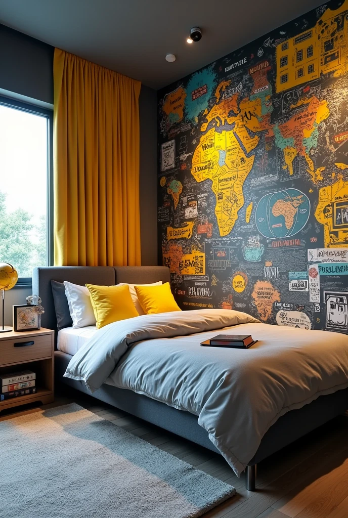 Create a modern business youth room, with yellow and gray colors, colorful graffiti on the wall, and references to travel, and a gray and yellow bed