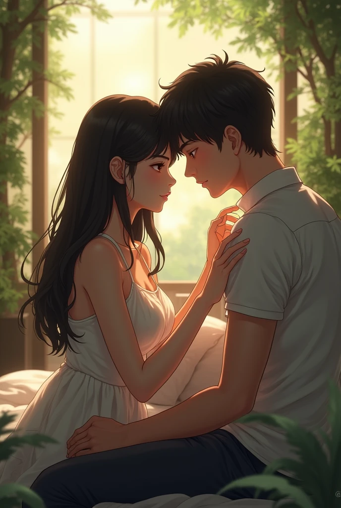 Make me an anime-like image with a girl with dark, wavy hair, crying on the shoulder of a boy with brown hair and light eyes and both are sitting in a lonely water fountain similar to that of a story