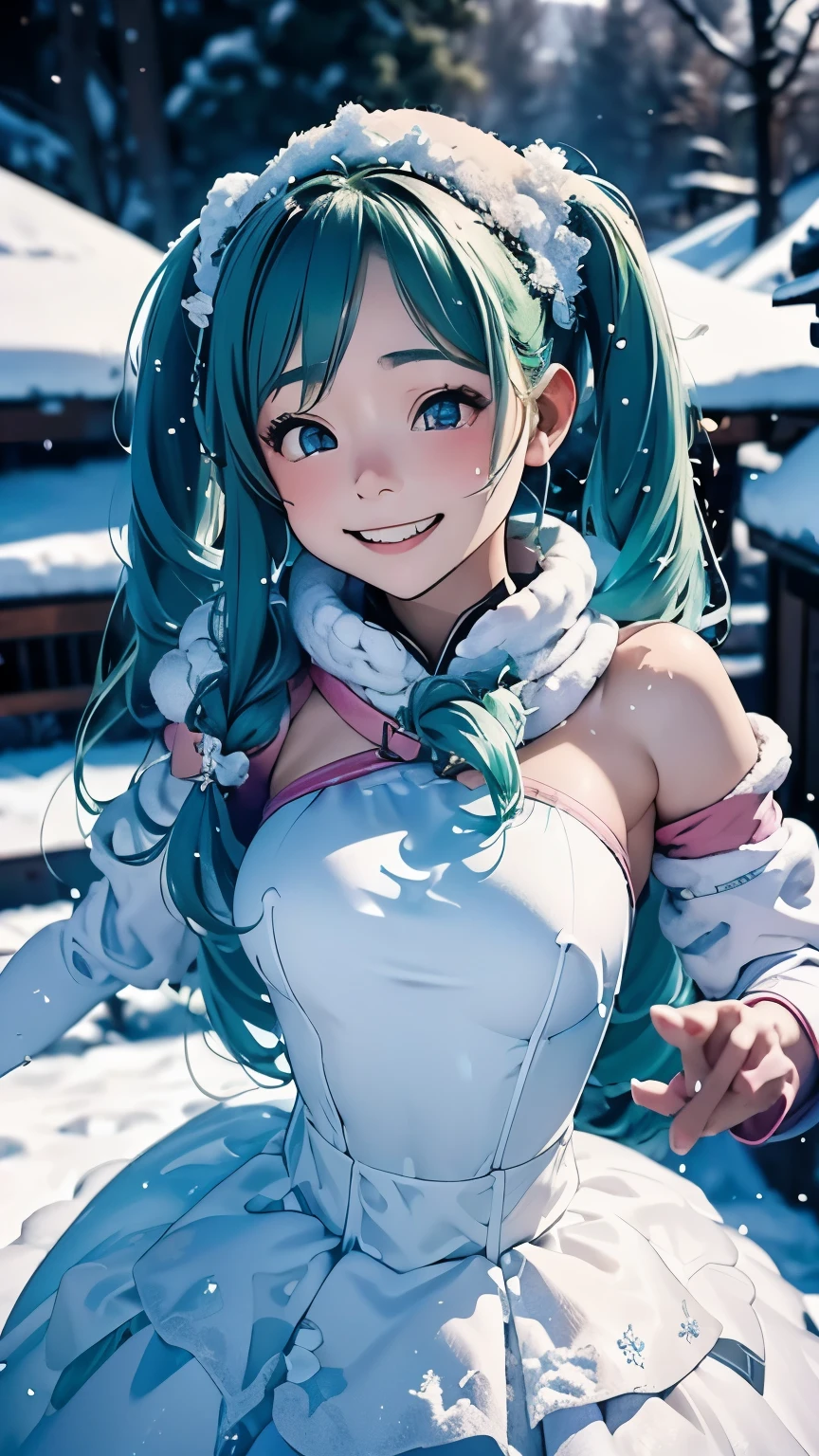 (masterpiece、Highest quality、Highest quality、Official Art、Beautiful and beautiful:1.2)、(One personの少女:1.3)Hatsune Miku、Twin tails、Big Breasts、Green Hair、Snow Scene、Snow powder、Smiling face close-up、Glossy Lips、Shining Eyes、Snow Girl、Snow costume、Cosplay、(Real、High resolution)、(One personの女の子)、Snow Girl、Close-up eyes、Japanese Girls、(Highest quality)、(Tabletop)、(One personの女の子)、One person、Beautiful girls、Perfect Face、dream-like、Very detailed airbrush art((Surreal))、Volumetric Lighting、(Highest quality)、Super detailed、(Structure of movement:1.4)、Very complex and colorful details、(Bright lighting)、moving composition、Ray Tracing、The mirror reflects light、Shallow depth of field、Super detailed、Exposure Blending、Hum、Her eyes shine deeply pink、Snow falling in the background、Snowy mountains are shining