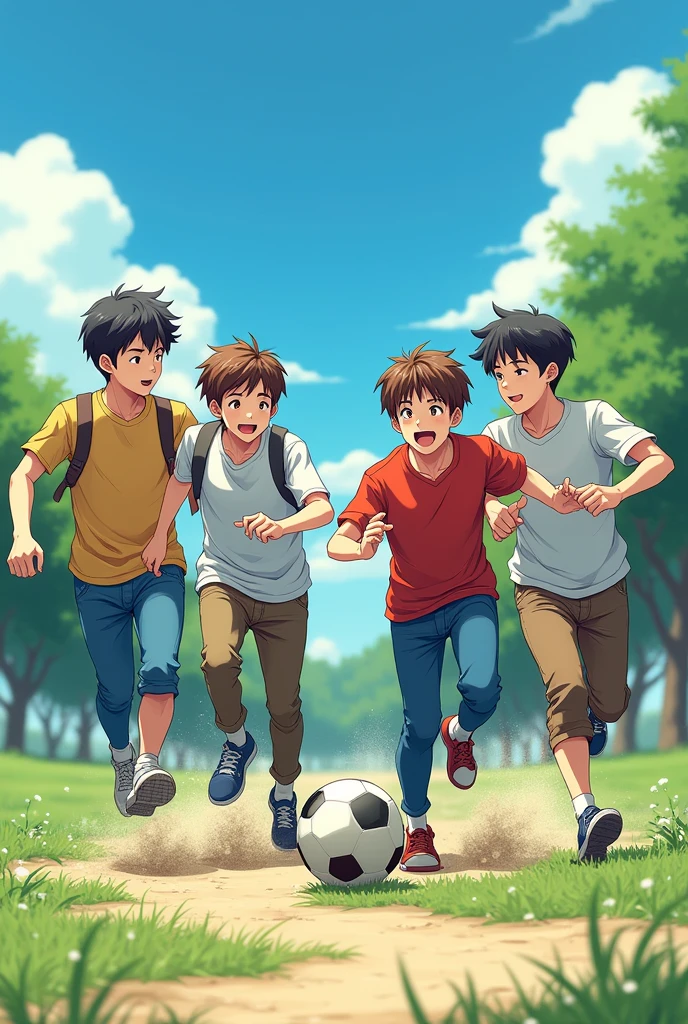 4 best friends who are 15 years old who are laughing and having fun together male make it more anime like and they are playing ball they are wearing pants
