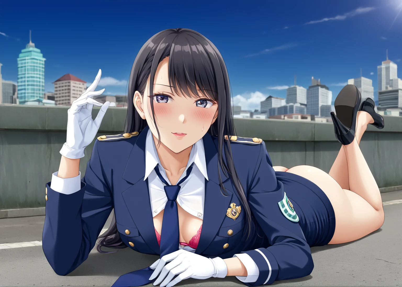 Highest quality、masterpiece、8k、Realistic、超High resolution、Very delicate and beautiful、High resolution、Cinema Lighting、medium range shooting、Perfect female body、Beautiful woman、Mature Woman、Beautiful Eyes、Cityscape、(Long Hair:1.8、Black Hair)、((female officer:1.4、紺色のfemale officer、female officerの制帽、Uniform Buttons、Navy blue tie、Jacket、White gloves))、Pencil Skirt、Stiletto heel pumps、badge、Epaulettes、((Are thin、Small breasts))、((Unbutton and flip up your shirt:1.4、Showing off your bra)), blush、Embarrassing、Sweat、Sigh、((Prone:1.5))、Park during the day、Panties、