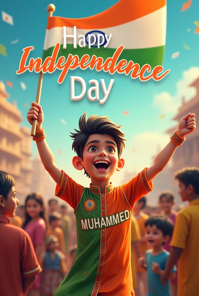 A real boy joyfully celebrates Indian Independence Day. He is wearing traditional Indian outfits with the name "MUHAMMED" written on his attire. Above him, in the sky, the words "Happy Independence Day" are displayed in a bold font. The backdrop is filled with people celebrating, enhancing the festive and patriotic spirit of the day.