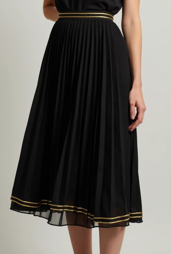 Black high waist pleated skirt, a little round in black with its golden border with the size above the knee  