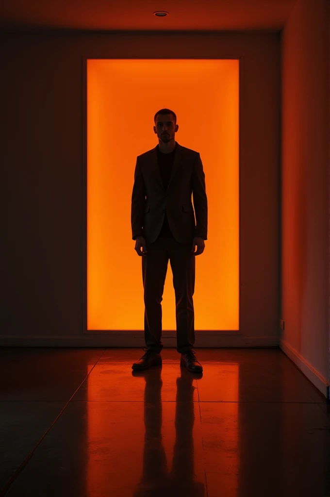 a amn sir on tha floor and relflect his image on the floor background should be dark below tha shoes orange color light shine line disko over all senario realism