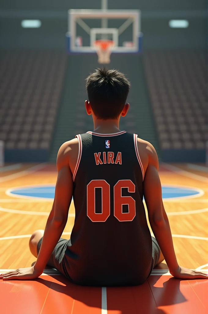 create a 3D image of a young guy sitting on basketball court while wearing a BLACK basketball jersey with a basketball court background with black hair and with a jersey name and number 06 and name "KIRA" name