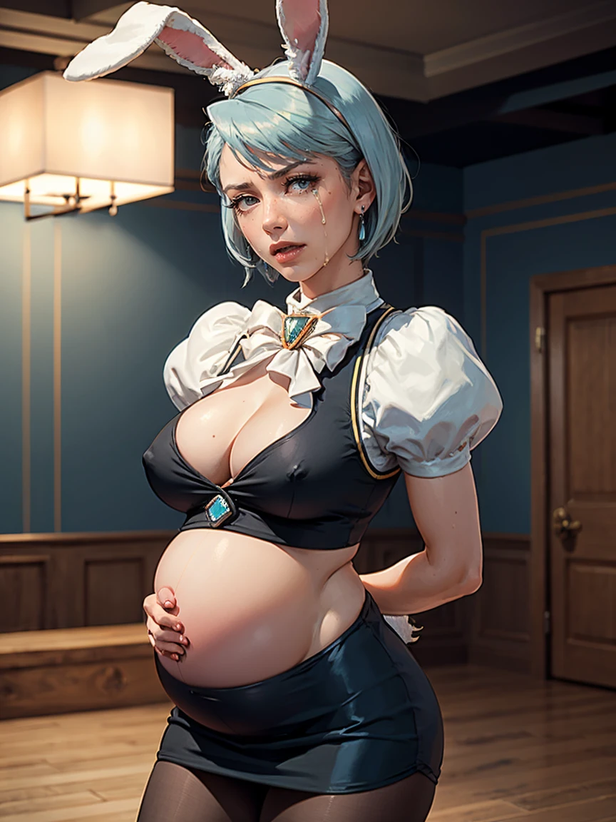 Beautiful woman is shown to have a athletic figure, she is wearing a beautiful nsfw dress, (aafranziska, light blue hair:1.5), ascot, (crop top), puffy sleeves, pencil skirt, pantyhose, black gloves, jewelry, earrings, (black bunny ears:1.4), black lips, (tears:1.4), girl standing in a gala ballroom, sexy session, (arms behind back:1.4), exposed cleavage, (pregnant:1.2), cowboy shot, superior quality, many details, realistic