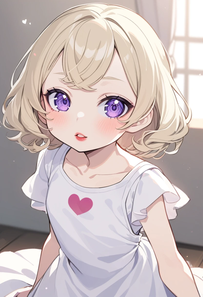 7 year old girl, ((small body)), whitish blonde hair, purple eyes, white clothes, heart ❤️, lipstick