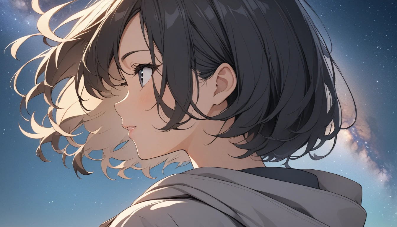 Starry Sky、milky way、One woman、Black Hair、Short Hair、Hair blowing in the wind、profile、Wearing a hoodie、Back view、Upper Body、Low - Angle