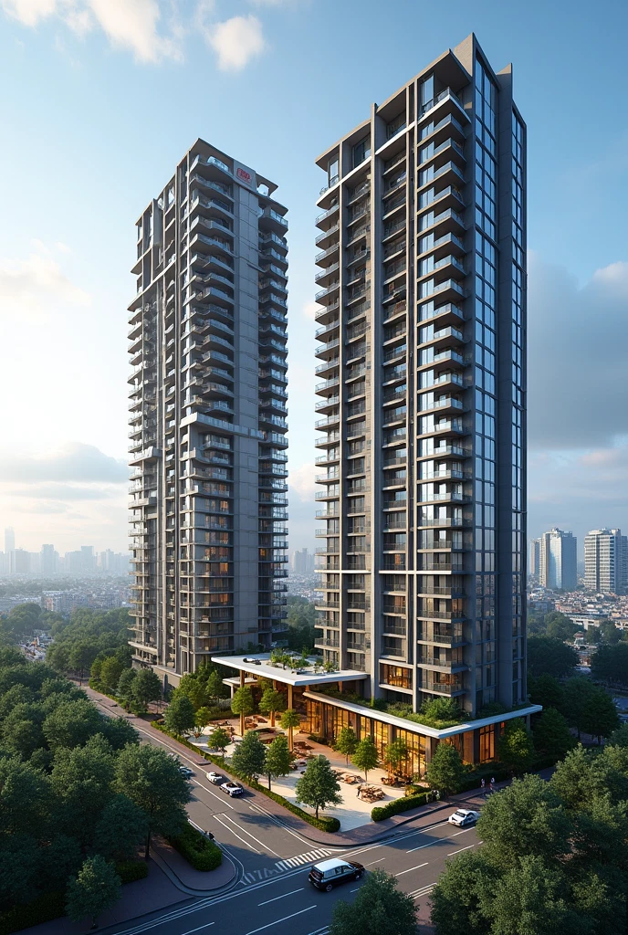 Two high-density residential buildings with common outdoor areas and balconies in an urban residential area with more floors