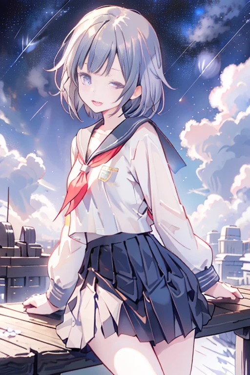best quality, 1girl, solo, (osanai yuki), __posture__, short hair, black hair, bob cut, bangs, purple eyes, school uniform, red neckerchief, neckerchief, serafuku, sailor collar, socks, black skirt, skirt, long sleeves, pleated skirt, sweater, black socks, sleeves past wrists, black sailor collar, loafers, small breasts, breasts, cowboy shot, __looking__, __expression__, __background__. __posture__:standing\nstanding\n(contrapposto:1.1)\n(contrapposto:1.2)\n(sitting:1.1)\n(sitting:1.2) __looking__:looking_at_viewer\nlooking_at_viewer\nlooking_at_viewer\nlooking_at_viewer\nlooking_back __expression__:smile/nsmile/nsmile/nsmile, open_mouth/nsmile, closed_eyes/nopen_mouth/nshy/nlaughing/nangry/nevil/nlonely/ncrying __background__:outdoors, starry sky, night sky, sunset\nnight, night sky, cloudy sky, meteor, planet, cloud, star (sky), (starry sky:1.2)\n(outdoors), day, blue sky, cloud, nature, tree\noutdoors, day, blue sky, cloud, water\noutdoors, day, grass\ncherry blossoms, tree, outdoors, shooting star, petals, cloud\noutdoors, city, cityscape, scenery, building