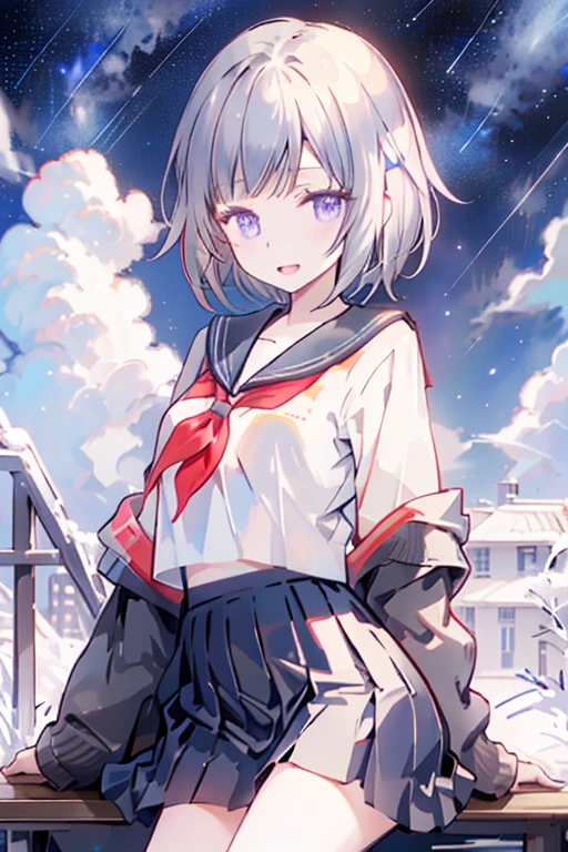 best quality, 1girl, solo, (osanai yuki), __posture__, short hair, black hair, bob cut, bangs, purple eyes, school uniform, red neckerchief, neckerchief, serafuku, sailor collar, socks, black skirt, skirt, long sleeves, pleated skirt, sweater, black socks, sleeves past wrists, black sailor collar, loafers, small breasts, breasts, cowboy shot, __looking__, __expression__, __background__. __posture__:standing\nstanding\n(contrapposto:1.1)\n(contrapposto:1.2)\n(sitting:1.1)\n(sitting:1.2) __looking__:looking_at_viewer\nlooking_at_viewer\nlooking_at_viewer\nlooking_at_viewer\nlooking_back __expression__:smile/nsmile/nsmile/nsmile, open_mouth/nsmile, closed_eyes/nopen_mouth/nshy/nlaughing/nangry/nevil/nlonely/ncrying __background__:outdoors, starry sky, night sky, sunset\nnight, night sky, cloudy sky, meteor, planet, cloud, star (sky), (starry sky:1.2)\n(outdoors), day, blue sky, cloud, nature, tree\noutdoors, day, blue sky, cloud, water\noutdoors, day, grass\ncherry blossoms, tree, outdoors, shooting star, petals, cloud\noutdoors, city, cityscape, scenery, building