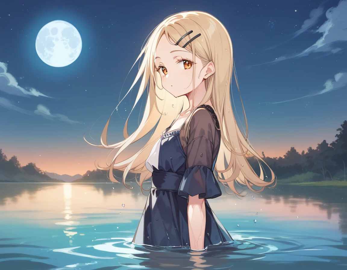 hinosawa hiro,slender,amber eyes,blonde hair,long hair,hairclip,flat chest BREAK black formal dress,night,blue moon,lake,wet,dark,from side,look at viewer