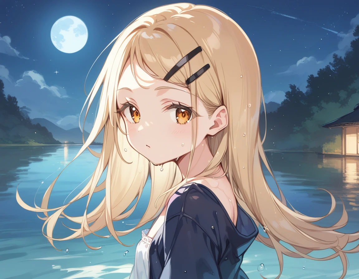hinosawa hiro,slender,amber eyes,blonde hair,long hair,hairclip,flat chest BREAK black formal dress,night,blue moon,lake,wet,dark,from side,look at viewer