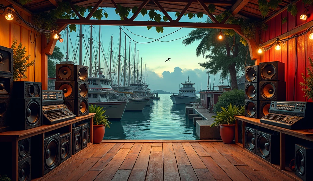A reggae music room with 6 large, 4 medium and 3 small rows of speakers, 3 tiers high, placed at a fishing port