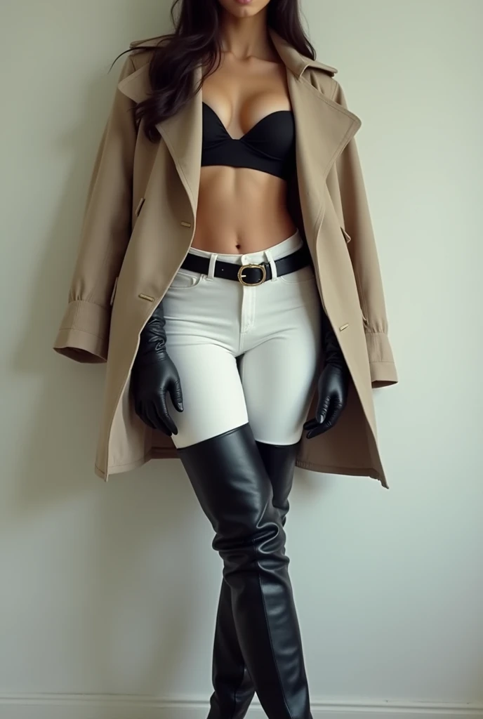 Korean girl in black leather thigh high boots, white pants, bra, trench coat, long gloves