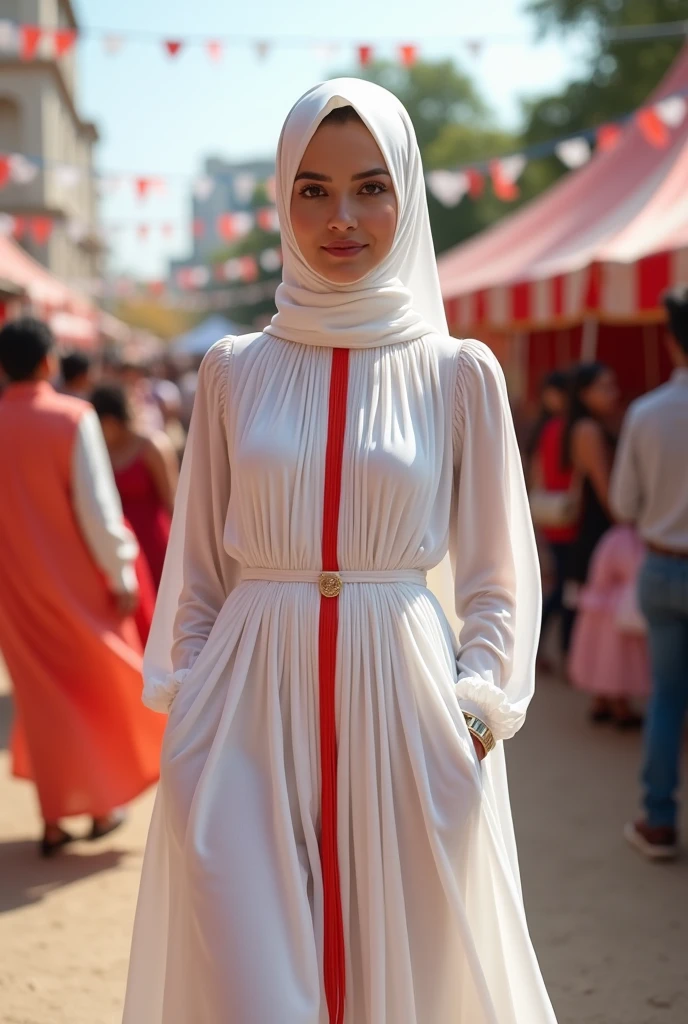 Muslim woman wearing a dress made of used plastic, soft transparent white base colour with long red and white stripes, minimalist clasik elegant design, wearing a white long skirt with red and white straight stripes, carnival event, very realistic, very realistic, (complex detail: 0.9), (hdr, hyperdetail: 1.2), RAW, Sony Alpha a9 II, 24-105mm f/4, HDR,