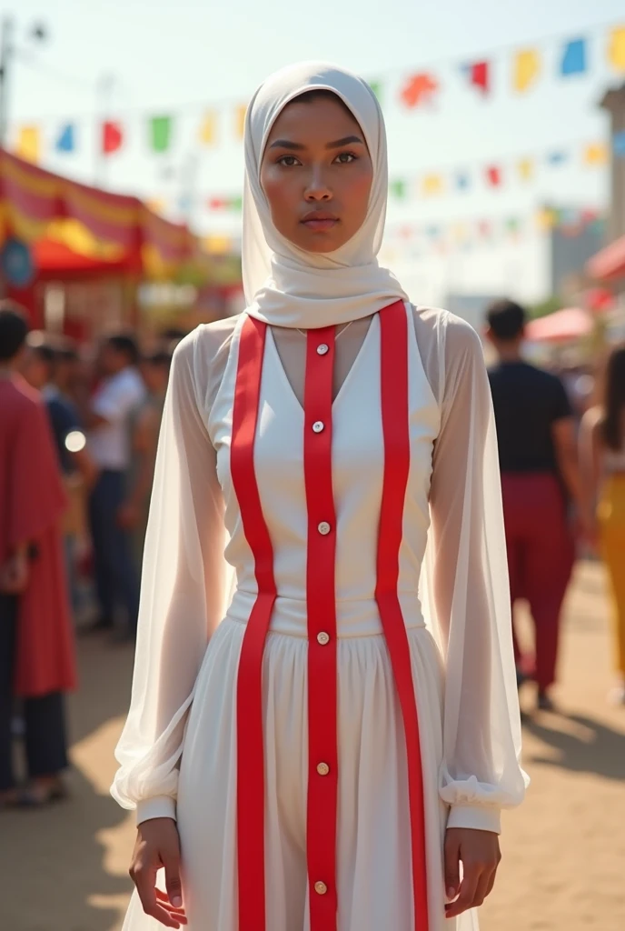 Muslim woman wearing a dress made of used plastic, soft transparent white base colour with long red and white stripes, minimalist clasik elegant design, wearing a white long skirt with red and white straight stripes, carnival event, very realistic, very realistic, (complex detail: 0.9), (hdr, hyperdetail: 1.2), RAW, Sony Alpha a9 II, 24-105mm f/4, HDR,