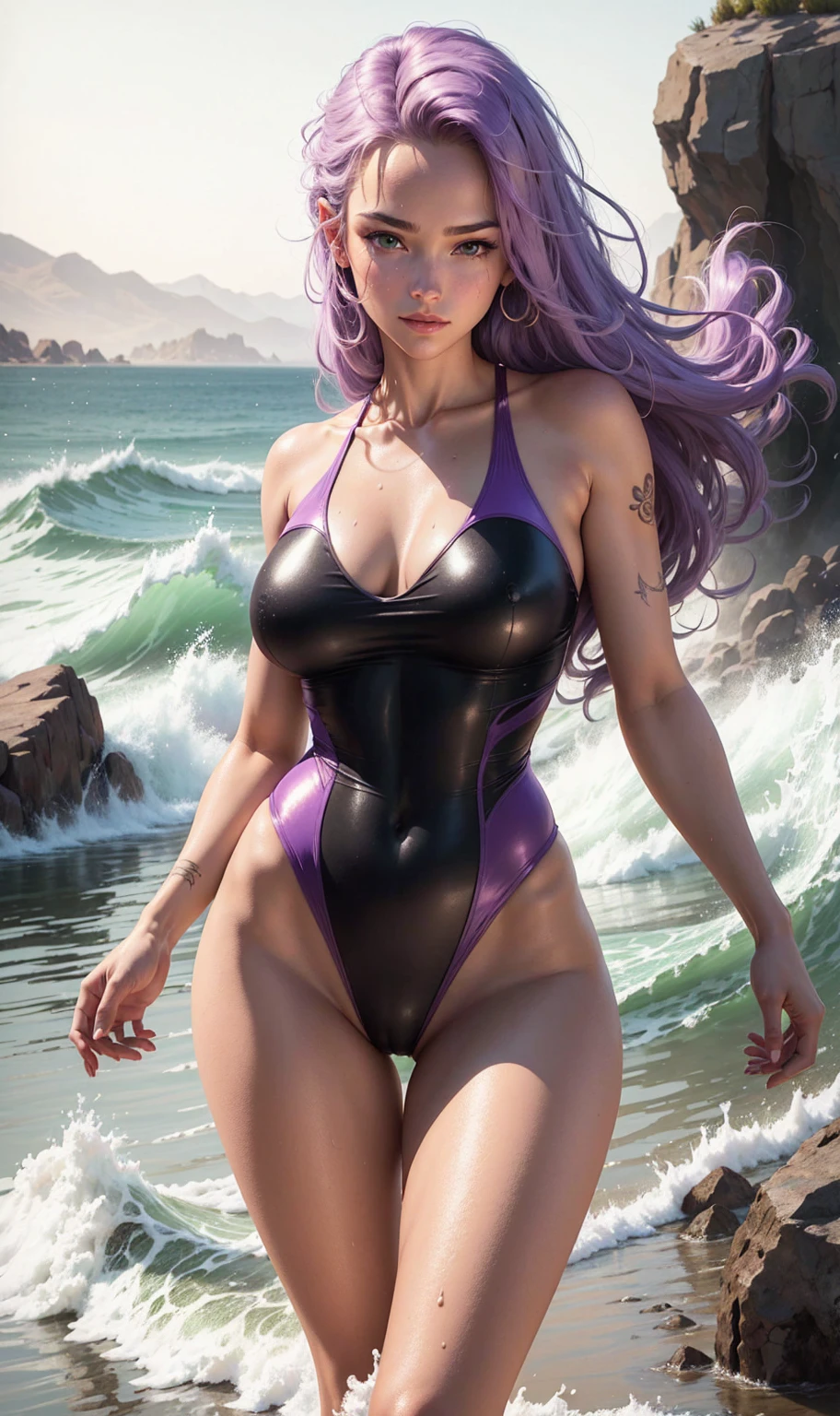 real-life, full length portrait of a young girl, 20 years old. perfectbody, realistic perfectbody composition, light purple hair swaying in the wind, body soaking wet, waterfall scene. Beautiful perfect realistic green eyes, charming smile, compose the most beautiful perfect face in the world overall, meticulously detailed hand-painted with the highest quality image. skin fair, good looking, tattoo art, 2cm liquid acrylic sexy sexy clothing, warm dreamy light, Volumetric Light, adventure style pulp, dynamic gradient, true color, Illustration Graphics, vector curves highly detailed, Simpler, Soft and clean, vectorial art, Soft, design of character, movie  theater, Surrealism, cartazes, collection of masterpieces, sunset, wet pigment. high quality of image, meticulous detail, perfect realistic work real people. Beautiful perfectly realistic hands and fingers. Highest quality virtual images. SUITSWIM CAVADO, low-cut swimsuit, breasts big, BIG TITS, SEMINUA, quase nua, SUITSWIM DECOTATED