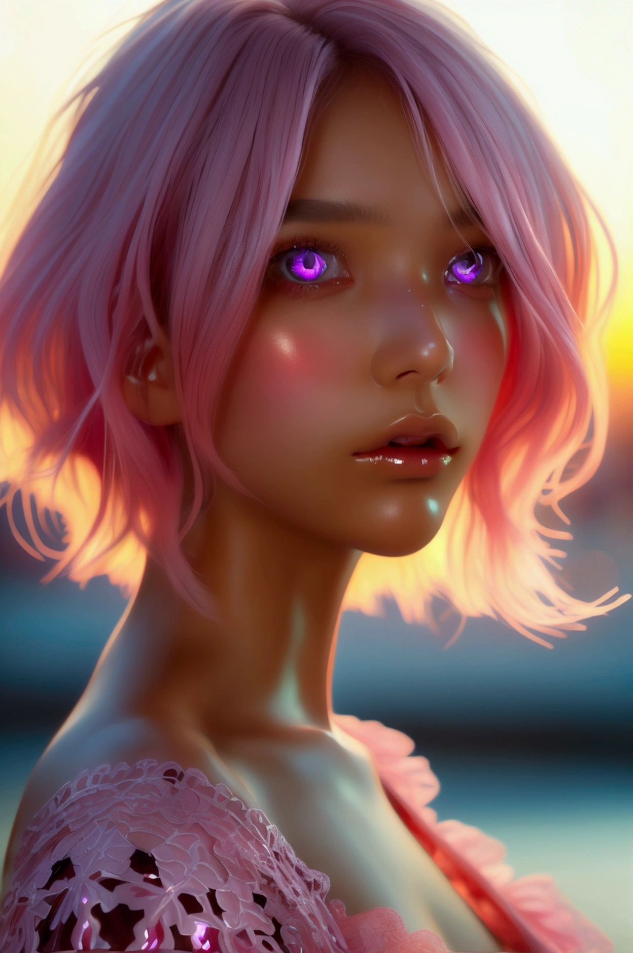 Realistic, Hyper Detail, Girls Only, Layered Bob, Dynamic Lighting, ((Bold imaginative pose)), (Glossy skin: 1.5), Masterpiece, Top Quality, Absurdity, Watching Viewer, (Blonde and Pink Hair), deep Purple Clear Eyes,((Beautiful, detailed eyes, jewel-like eyes, colorful eyes, sparkling eyes:1.3)), Slender, High Resolution, Sharp Focus, Depth of Field, Detail Eyes, Sharp Eyes, (Realistic Eyes)), outdoors, sunrise sky, (attractive delicate design river trimmed lace dress, (intricately patterned cyclamen pink sexy armor wearing): 1.3))