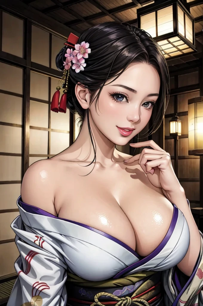 (Browsing Caution), (RAW Photos), (Realistic), (Photorealistic), Ultra-high resolution, masterpiece, Highest quality, Portraiture, facial Portraiture, Perfect lighting, Detailed lighting, Dramatic Shadows, Ray Tracing, Pure Eros Face_v1, Urzan-6500-v1.1, ((smile)), ((upper body:1.2)), ((cleavage)), ((random sexy pose)), looking at viewer, ((wearing a kimono)), ((off shoulders kimono)), ((holding a Japanese fan)), ((in old Japanese room)), ((night)),