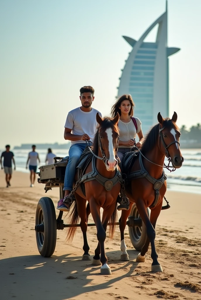 A boy age 27 south India from andhrapradesh wear jeans and t-shirt dusky skin and there was a girl age 25 north India from mumbai looks very modern she wears western dress looks very beautiful and active. Both are travelling in tanga horse cart handling a horse rider at marine beach drive in front of taj hotel.