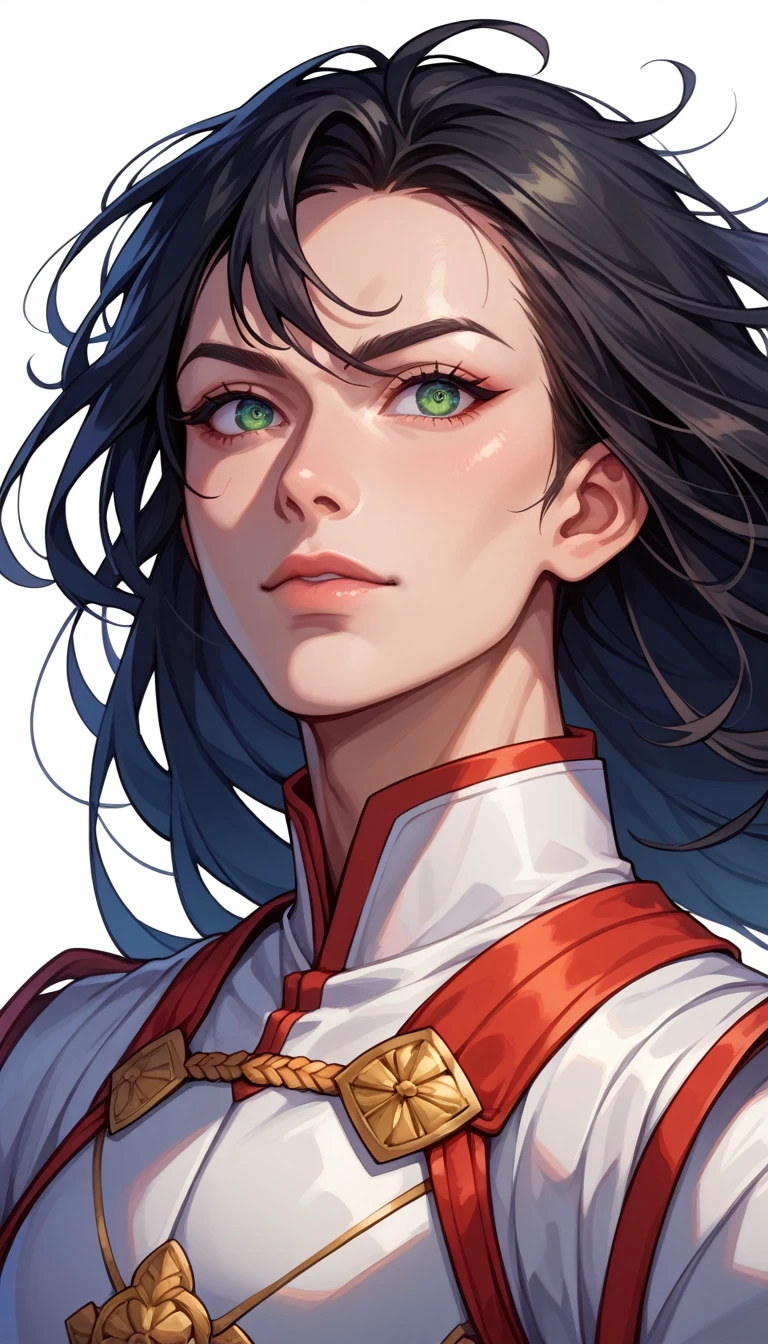 1 girl, heroine, handsome, splashed ink, Chinese armor, (upper body), black hair, floating hair, delicate eyes, black and green antique damask Hanfu, fov, (f1.8), (masterpiece), (portrait shot), front shot, white background, (movie poster), weapon